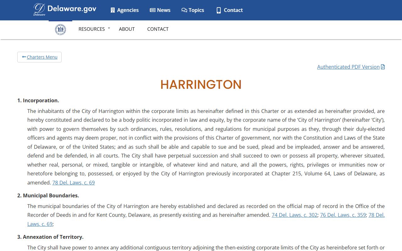 Harrington city charter page for Harrington bench warrants and police powers