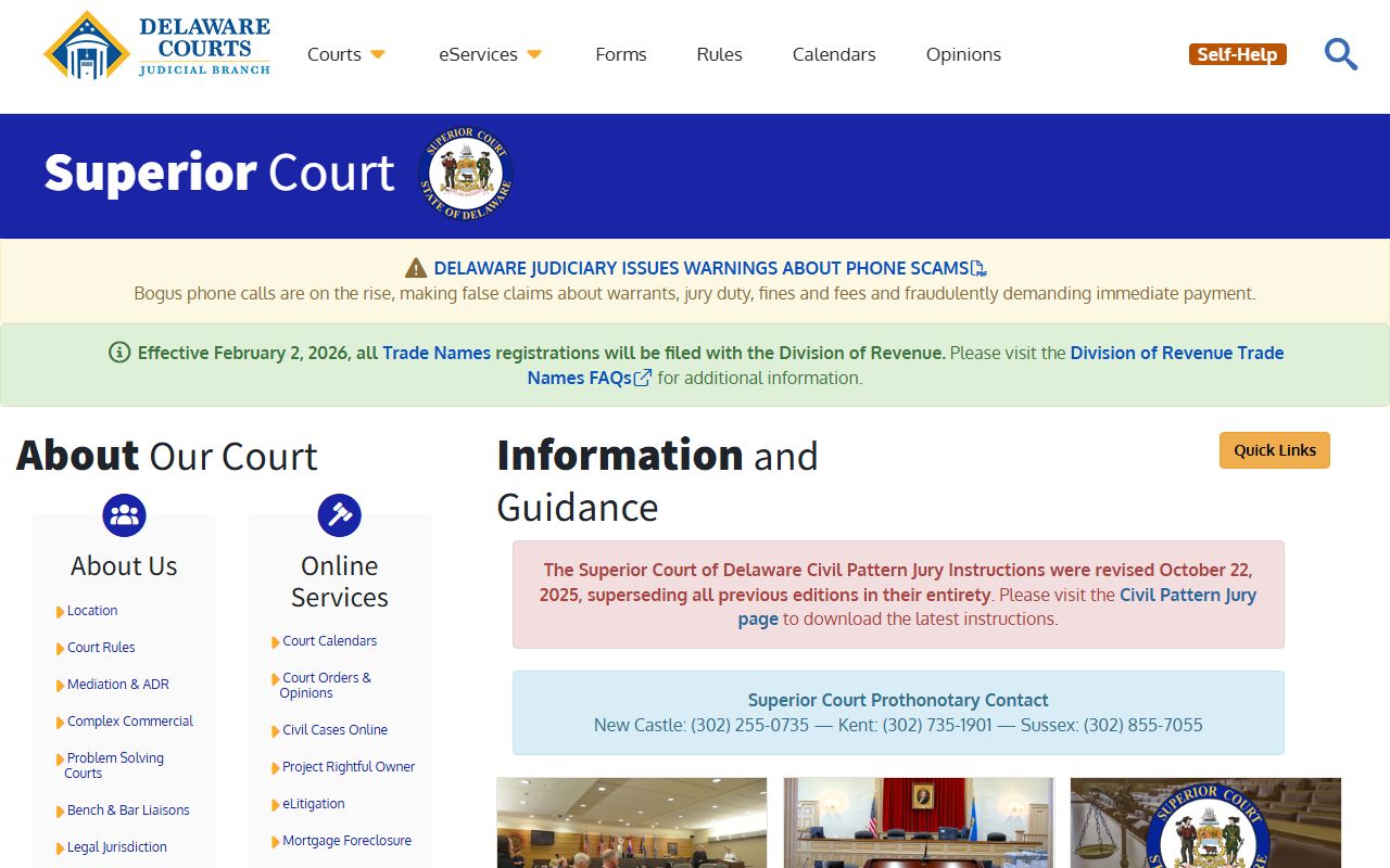 Delaware Superior Court page for New Castle County bench warrants and dockets