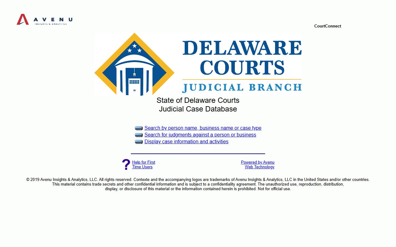 Delaware CourtConnect portal for court case and bench warrants lookup