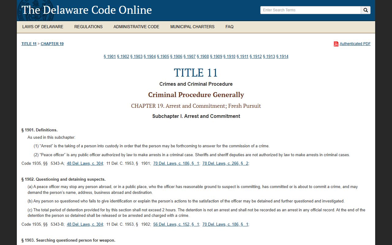 Delaware Code Title 11 Chapter 19 covering bench warrants and arrest rules