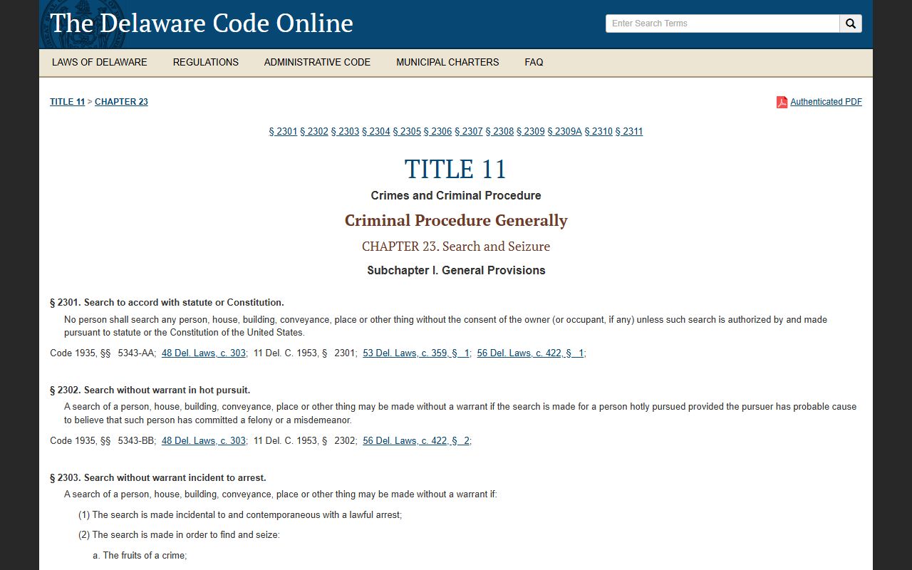 Delaware Code Title 11 Chapter 23 governing search warrants and seizure rules