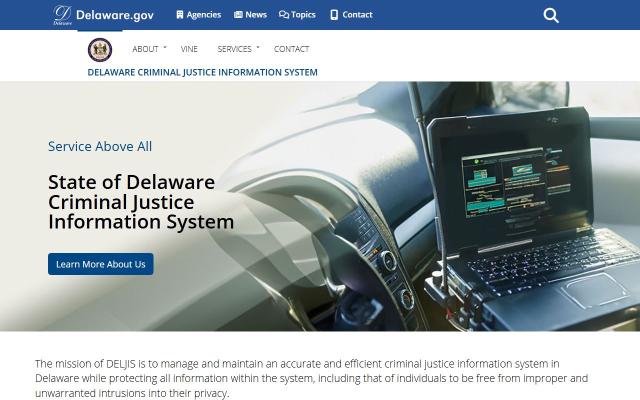 Delaware DELJIS homepage for bench warrants lookup