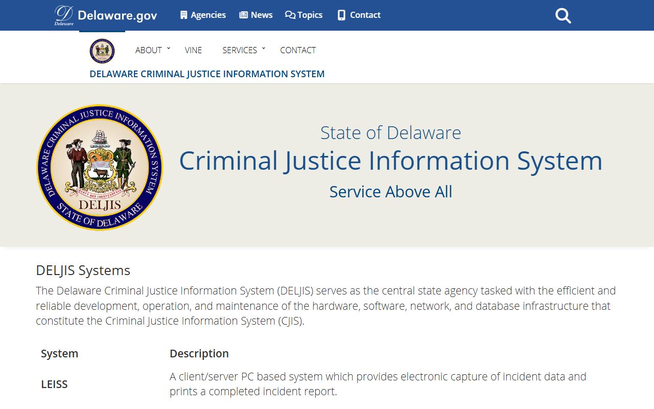 DELJIS systems page listing Delaware bench warrants and criminal records tools