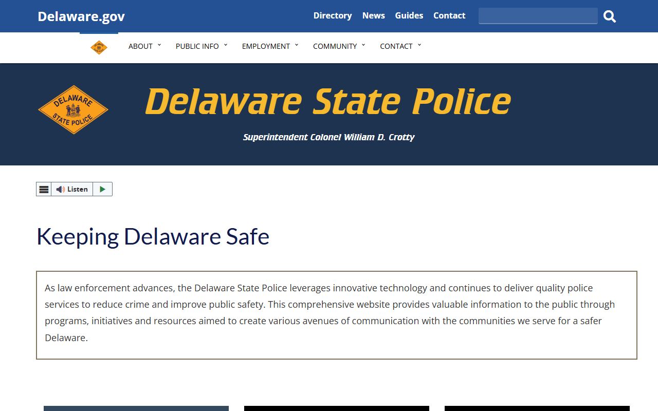 Delaware State Police public safety portal linking to bench warrants and wanted persons
