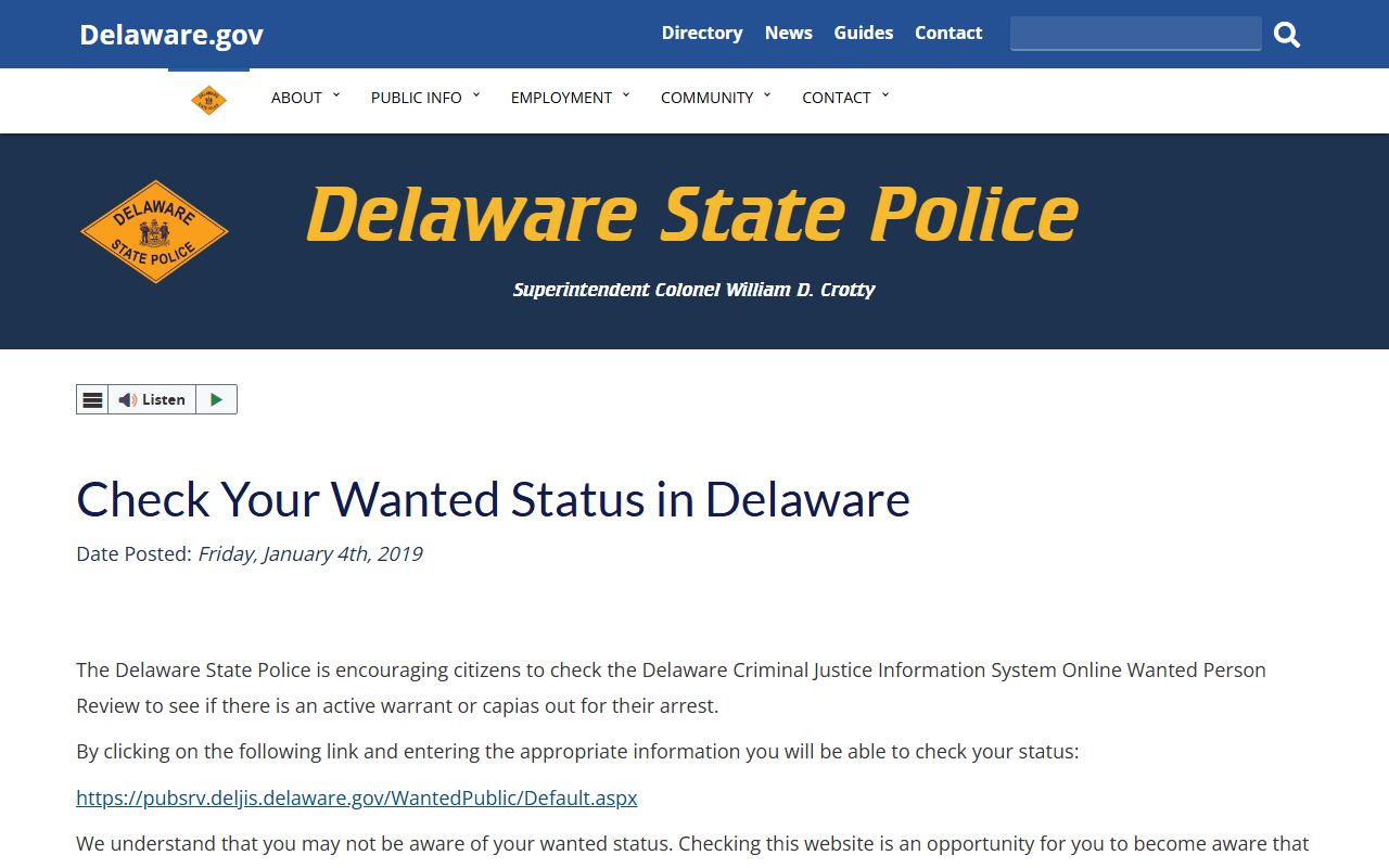Delaware State Police check wanted status page for bench warrants