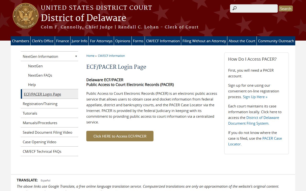 U.S. District Court for the District of Delaware PACER login for federal warrants